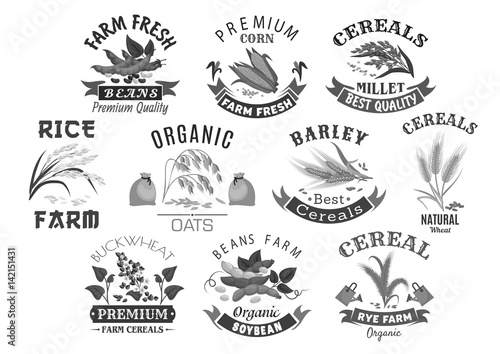 Grain and cereal product farm market vector icons