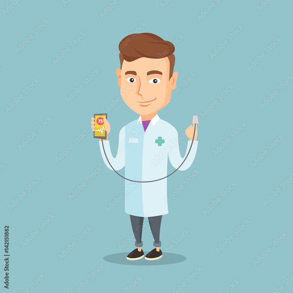 Doctor showing app for measuring heart pulse. Doctor showing app for measuring heart pulse.