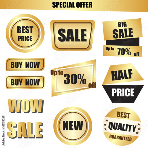 set of  sale, new, discount,half price baner in gold shade.