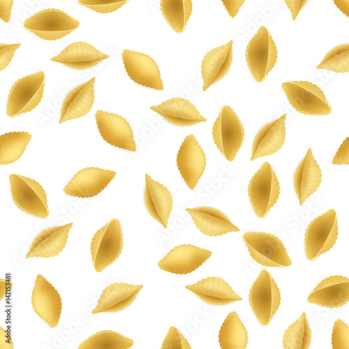 Conchiglie rigate on white background vector seamless pattern. Italian traditional pasta. Rigatoni - flour wheat product of italy cuisine. Cartoon illustration for business graphic design