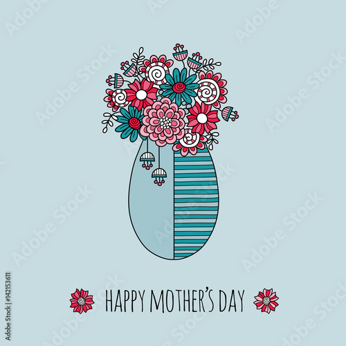 Happy Mother's Day vector illustration with flowers in a vase on a pale green background.