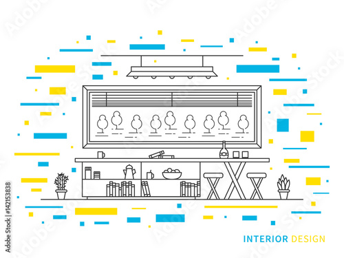 Linear flat interior design illustration of modern designer living room interior space with flowers, shelves, table, lamps, chairs, window. Outline vector graphic concept of living room