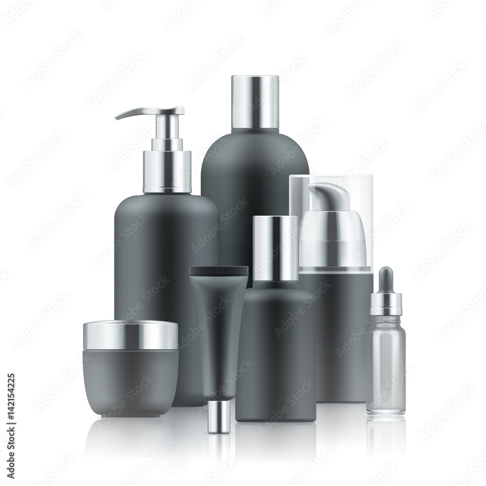 Realistic luxury gamorous set of cosmetic bottles in gold and black isolated on white background, mockup, 3D illustration for branding design and ads, template, beauty and hygiene concept Realistic luxury gamorous set of cosmetic bottles in gold and black isolated on white background, mockup, 3D illustration for branding design and ads, template, beauty and hygiene concept