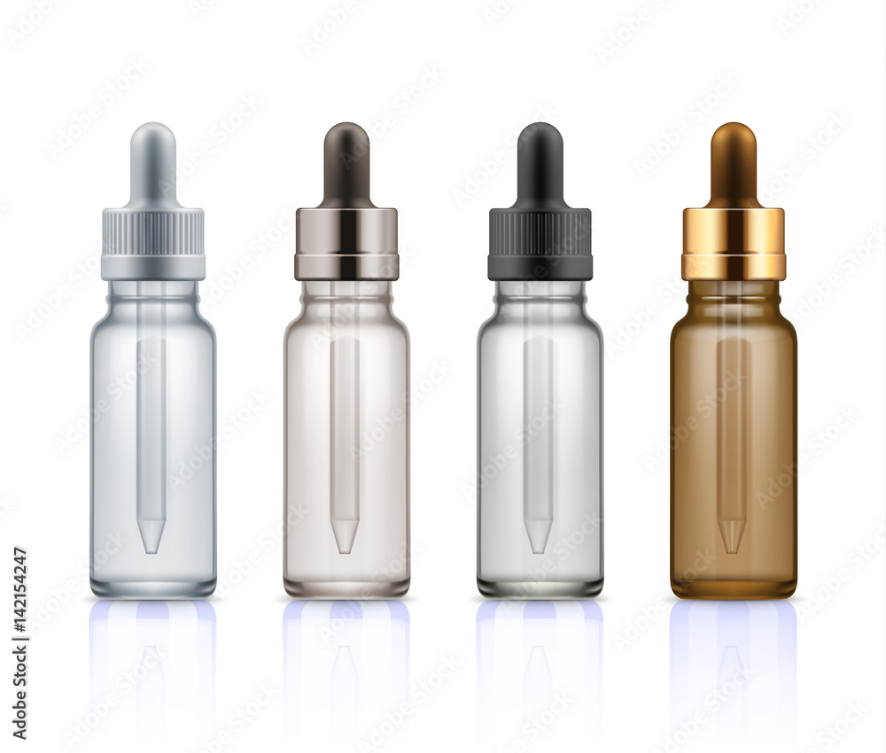 Set of realistic glass bottles with dropper. Cosmetic vials for oil, liquid essential, collagen serum. Mock up vector illustration isolated on white background. Brown, beige, black and gold colors. Set of realistic glass bottles with dropper. Cosmetic vials for oil, liquid essential, collagen serum. Mock up vector illustration isolated on white background. Brown, beige, black and gold colors.