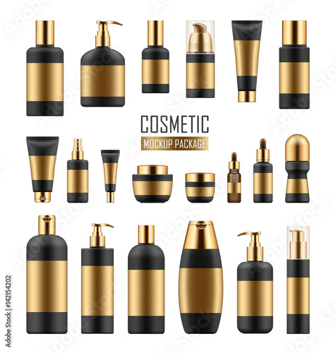 Mock up of black and gold packages for cosmetic prodact. Set of vector realistic blank templates of plastic containers: bottles with spray, pump dispenser and dropper, tubes and jars