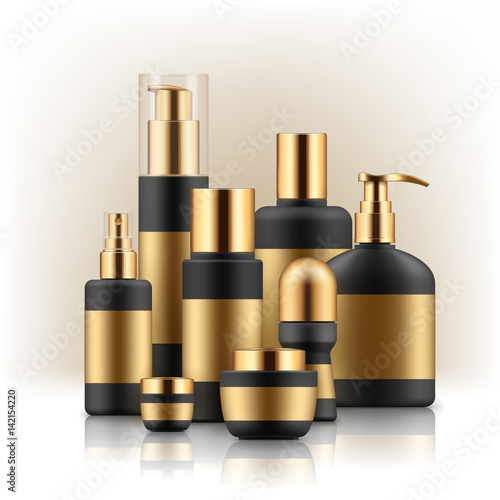 Vector illustration with set of realistic package for cosmetic product. Blank templates of jar, tube, bottles and deodorant. Mock-up of empty black and silver plastic containers on white