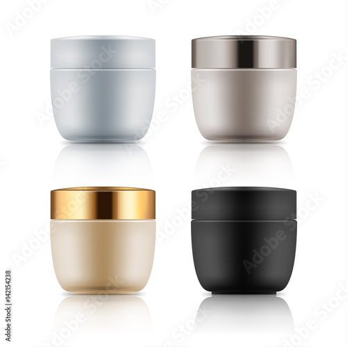 Blank template plastic jar for skin care cream, powder or gel, treatment mask. Mock-up of luxury cosmetic package. Set with white, black, beige containers isolated vector illustration.