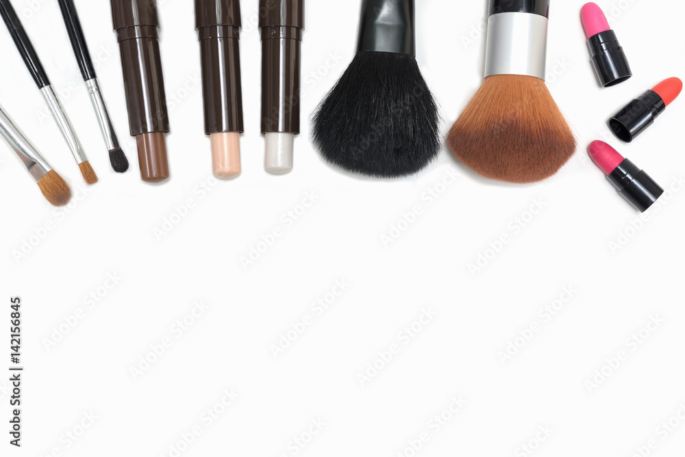 Closeup makeup cosmetics lipstick and brushes Closeup makeup cosmetics lipstick and brushes