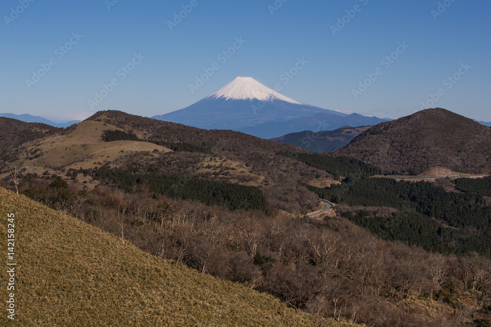 View of Mountain Fuji with high mountain in winter season at Izu city , Shizuoka Prefecture.
