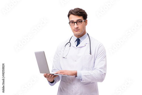 Doctor with laptop isolated on white background