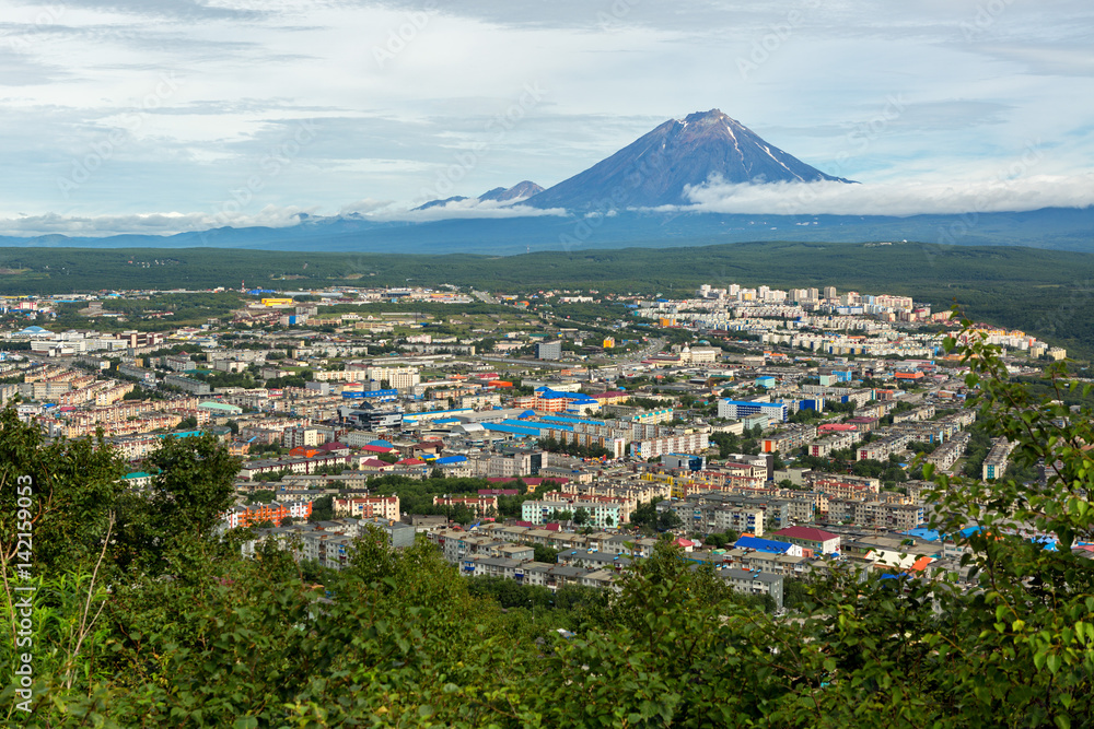 Koryakskaya Sopka and Petropavlovsk-Kamchatsky from Mishennaya hills
