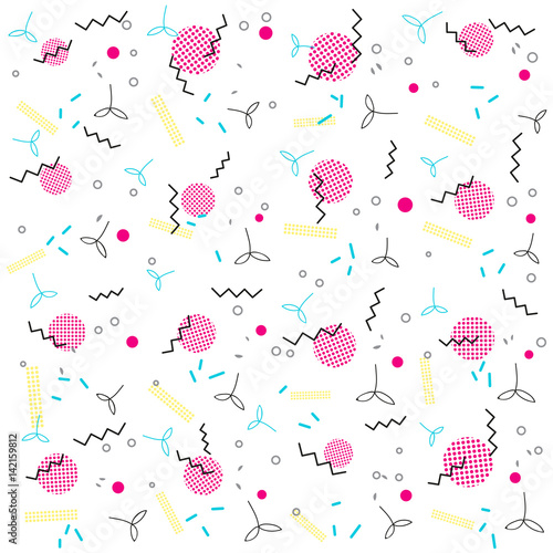 Trendy geometric elements memphis card. Pattern for tissue and postcards. Spring poster, blue and pink color background. Vector illustration