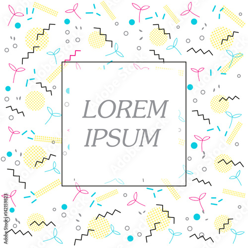 Trendy geometric elements memphis card. Pattern for tissue and postcards. Spring poster, blue and pink color background. Vector illustration