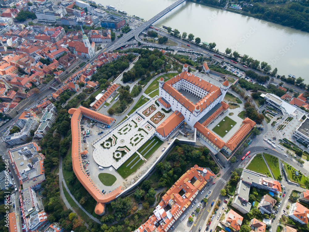Aerial view of Bratislava castle and Danube river