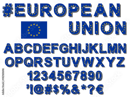 Flat with shadow vector EU flag font alphabet, numerals and symbols stylized by European Union colors for heading and celebrations