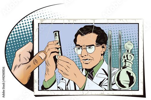 Scientist working at the laboratory. Stock illustration. People in retro style.