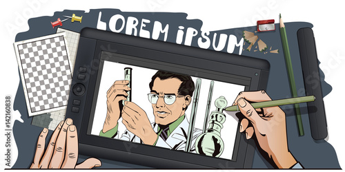 Scientist working at the laboratory. Stock illustration. People in retro style.
