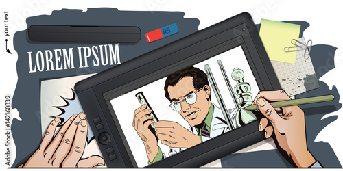 Scientist working at the laboratory. Stock illustration. People in retro style.