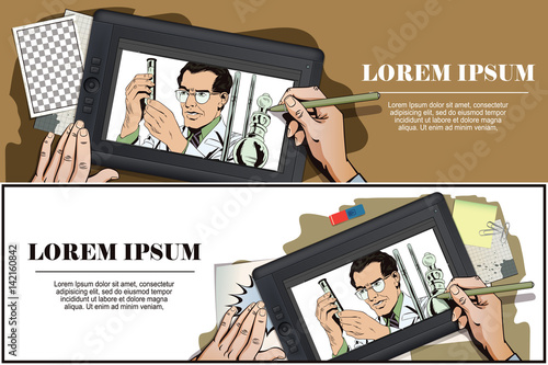 Scientist working at the laboratory. Stock illustration. People in retro style.