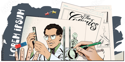 Scientist working at the laboratory. Stock illustration. People in retro style.