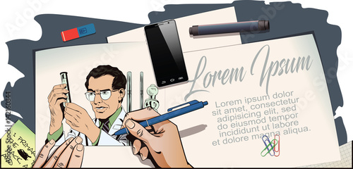 Scientist working at the laboratory. Stock illustration. People in retro style.