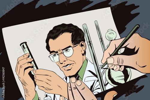 Scientist working at the laboratory. Stock illustration. People in retro style.
