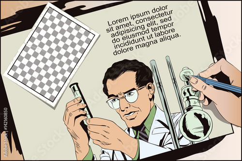 Scientist working at the laboratory. Stock illustration. People in retro style.