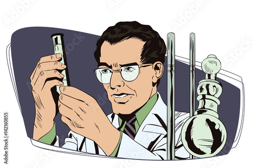 Scientist working at the laboratory. Stock illustration. People in retro style.