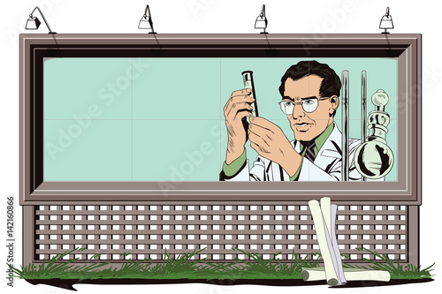 Scientist working at the laboratory. Stock illustration. People in retro style.