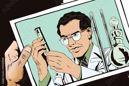 Scientist working at the laboratory. Stock illustration. People in retro style.