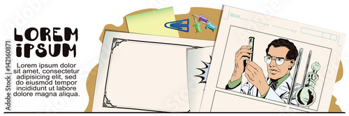 Scientist working at the laboratory. Stock illustration. People in retro style.