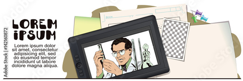 Scientist working at the laboratory. Stock illustration. People in retro style.