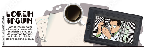 Scientist working at the laboratory. Stock illustration. People in retro style.