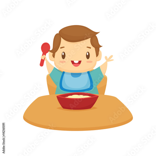 Happy baby eating cartoon illustration vector