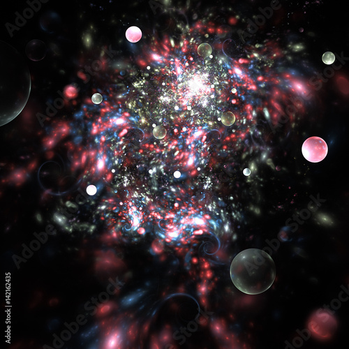 Abstract pink, blue and grey sparks on black background. Fantasy fractal texture. Digital art. 3D rendering.