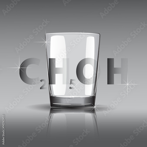 3d faceted glass of alcohol. The chemical formula of alcohol. Russian vodka