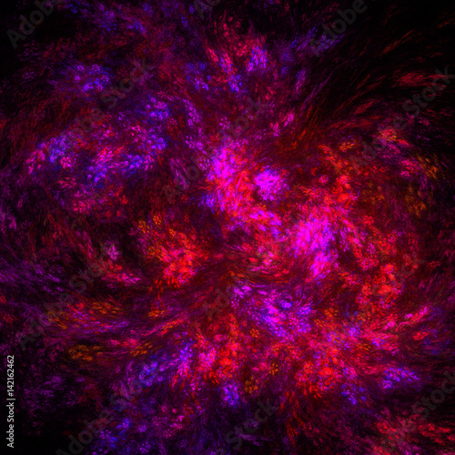 Abstract red and purple fiery shapes on black background. Fantasy fractal artwork. 3D rendering.