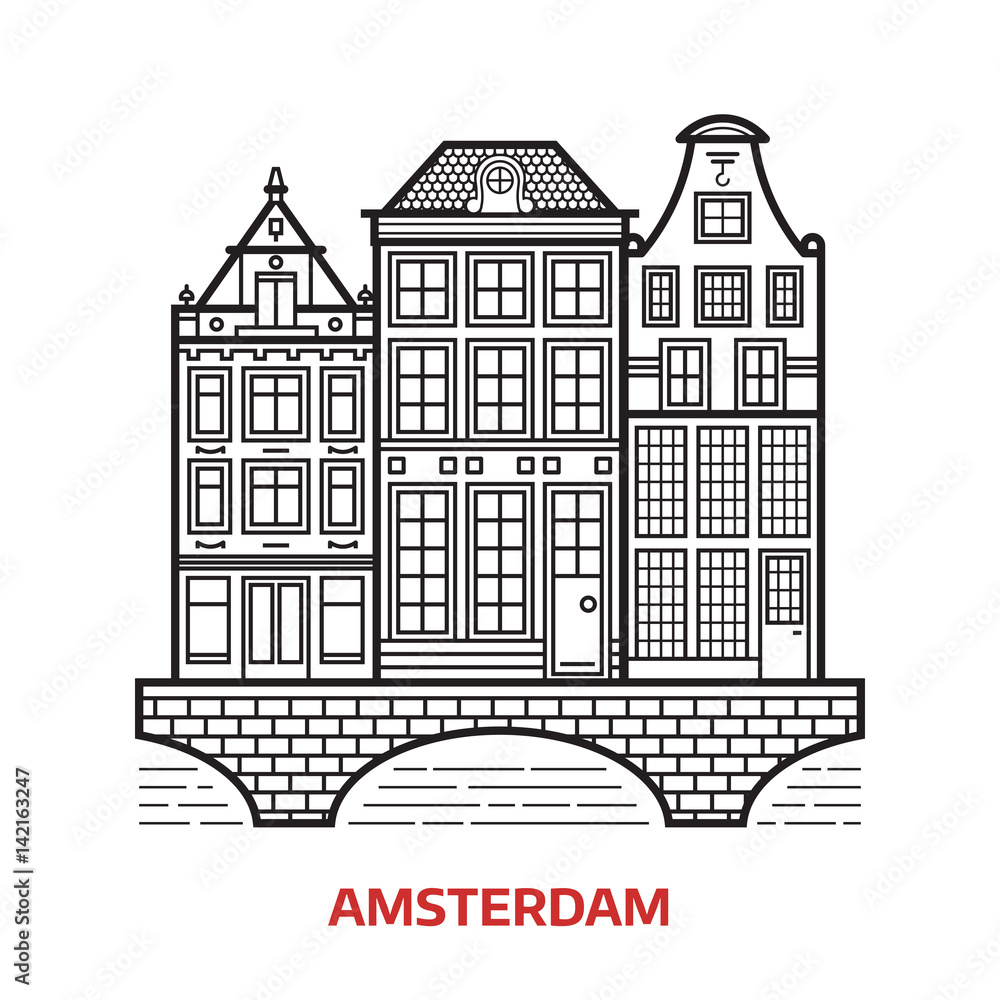 Travel Amsterdam landmark icon. Canal houses is one of the famous architectural symbols and tourist attractions in capital of Netherlands. Thin line Europe Old town home facades vector illustration.