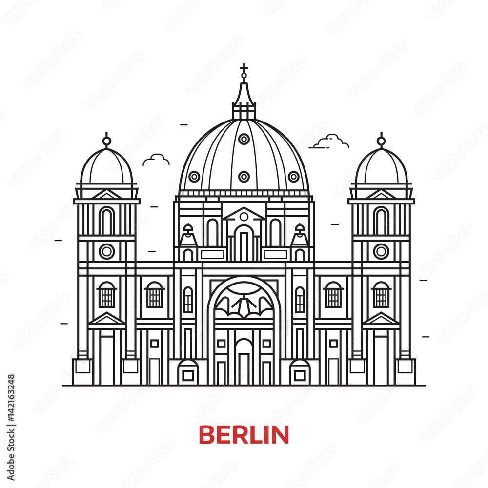 Travel Berlin landmark icon. Dome cathedral is one of the famous tourist attractions in capital of Germany. Thin line baroque church vector illustration in outline design.
