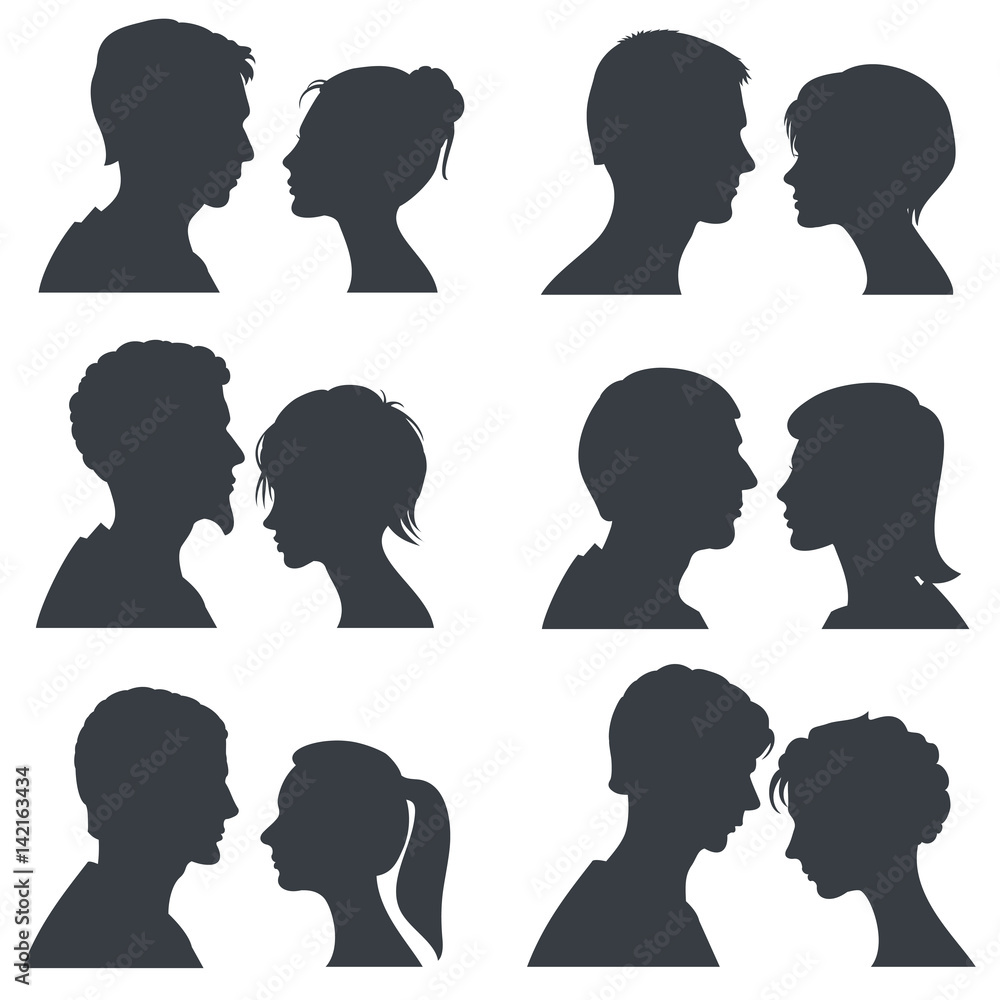 Couple faces, young boy and girl head vector silhouettes isolated on white Couple faces, young boy and girl head vector silhouettes isolated on white