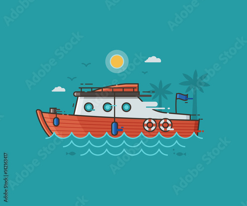 Red racing yacht on seaside background. Motor boat on water waves. Sport yachting concept vector illustration in flat design. Modern speedboat riding fast on seashore landscape.