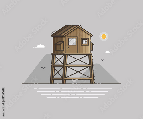 Wooden lifeguard house on seaside background in flat design. Retro life guard tower on sea coast landscape. Baywatch hut vector illustration.