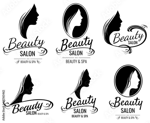 Beautiful female face portrait, woman head silhouette vector logo templates for barber shop, beauty salon, cosmetic products, spa center