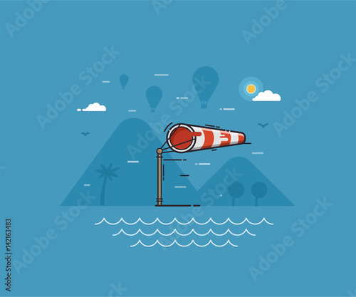 Airport windsock showing strong wind on seaside background. Red striped wind bag on airfield with flying air balloons landscape. Windy weather concept vector illustration.