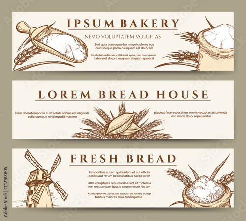 Hand drawn fresh bread and bakery banners with mill, wheat and flour bag sketch vector illustration