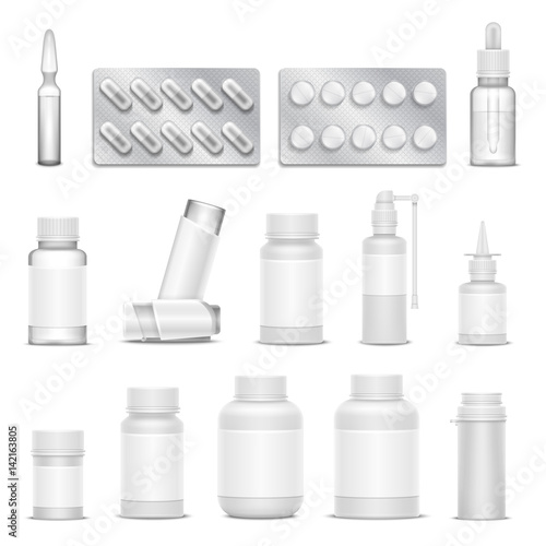 White blank medicine pharmaceutical packaging vector mockups. Bottles spray and drugs