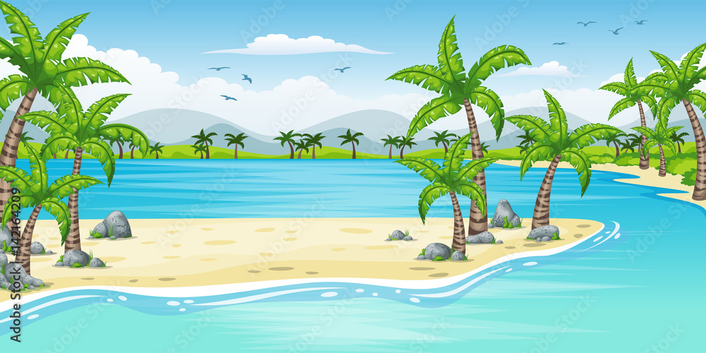 Illustration of a tropical coastal landscape