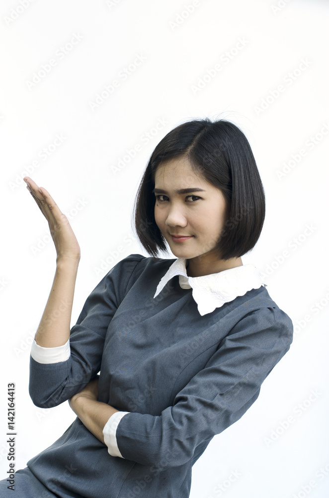 Asian young business woman portrait with hand holding on white backgrounds Asian young business woman portrait with hand holding on white backgrounds