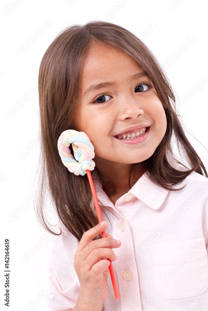 playful cute little girl posing with sweet pastel color marshmallow playful cute little girl posing with sweet pastel color marshmallow