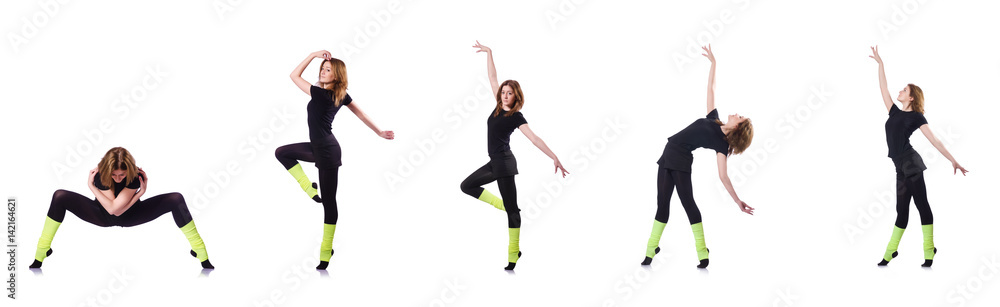 Young gymnast exercising on white Young gymnast exercising on white